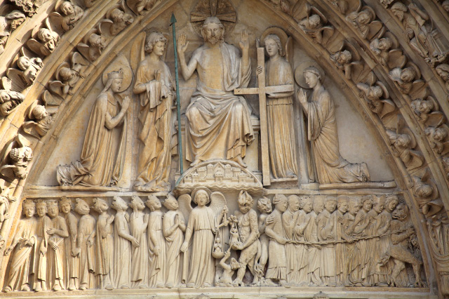 Christ's Judgement depicted on facade of Notre Dame in Paris