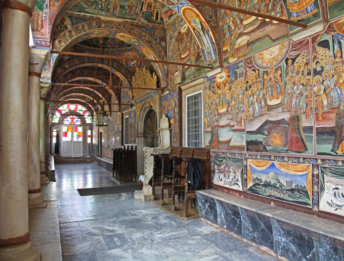 Narthex of main Church of the Holy Monastery of Megiste Lavra on Holy Mount Athos with frescos depicting the Seven Ecumenical Councils