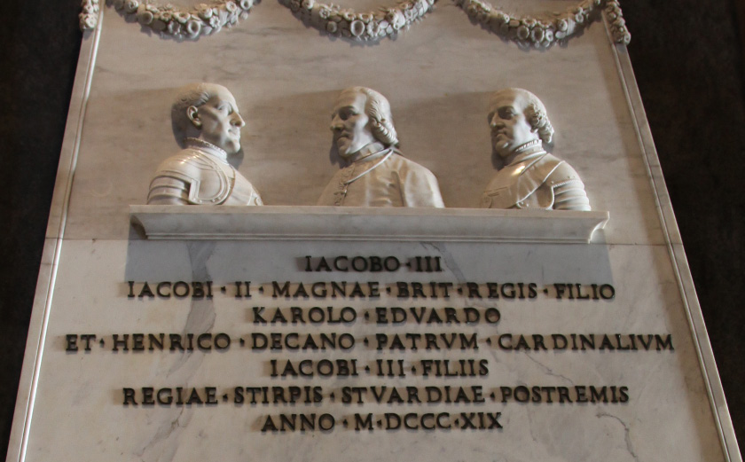 Monument by Antonio Canova to the Royal Stuarts in Saint Peter's Basilica commemorating the last three members of the Royal House of Stuart: James Francis Edward Stuart, his elder son Charles Edward Stuart, and his younger son, Henry Benedict Stuart, Cardinal of the Catholic Church and Dean of the College of Cardinals. The Jacobites recognised these three princes as kings of England, Scotland and Ireland.