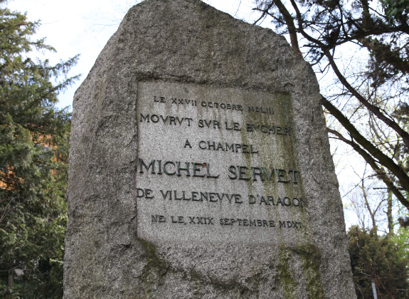 Michel Servet Monolith front in Champel in Geneva in Switzerland